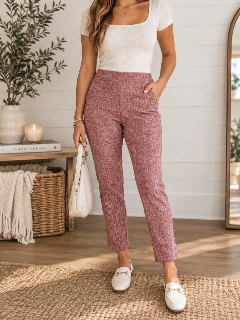 Versona Modern Pink White Textured Ankle Pants M Pull On Skinny Tapered